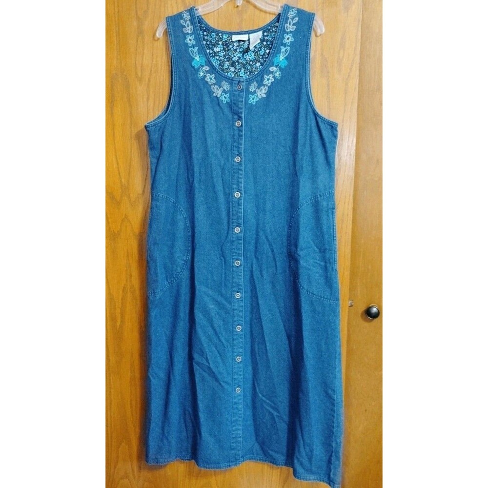 White Stag Womens L 12/14 Dress Max Denim Jumper Vintage Blue Embroidered Floral